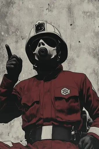 Midjourney generated image using SREF code Opaque Lenses: A man in a fireman's uniform with a gas mask on.
