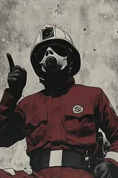 Midjourney generated image using SREF code Opaque Lenses: A man in a fireman's uniform with a gas mask on.