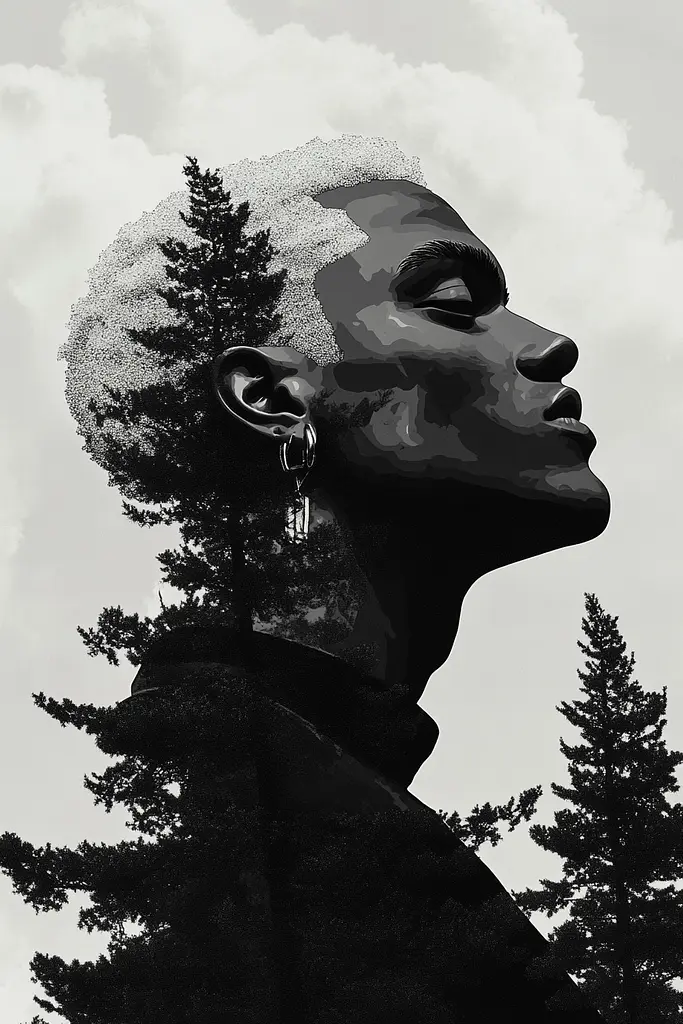 Midjourney generated image using SREF code Opaque Lenses: A black and white photo of a man with trees in the background.