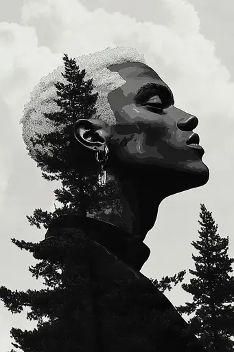 Midjourney generated image using SREF code Opaque Lenses: A black and white photo of a man with trees in the background.