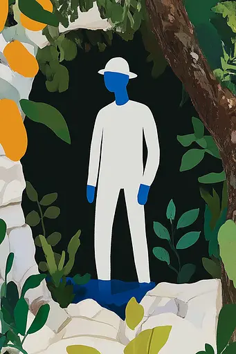 Midjourney generated image using SREF code Color Drift: A man in a white suit and hat standing in the middle of a forest.