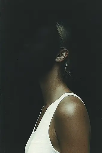 Midjourney generated image using SREF code Eclipse Visions: A woman in a white tank top standing in front of a black background.