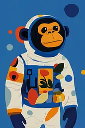 Midjourney generated image using SREF code Color Drift: A monkey in an astronaut suit holding a flower.