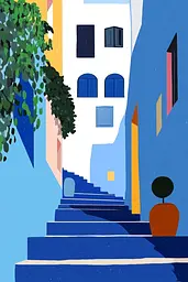 Midjourney generated image using SREF code Color Drift: A painting of a blue and white building with stairs leading up to it.