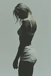 Midjourney generated image using SREF code Eclipse Visions: A black and white photo of a woman in a white top and shorts.