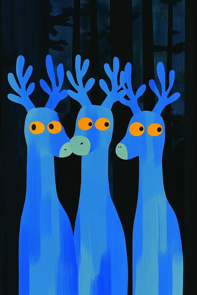 Midjourney generated image using SREF code Color Drift: A painting of three blue reindeer standing next to each other.