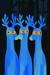 Midjourney generated image using SREF code Color Drift: A painting of three blue reindeer standing next to each other.