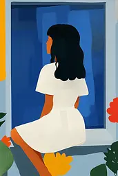 Midjourney generated image using SREF code Color Drift: A woman in a white dress looking out of a window.