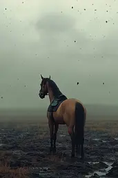 Midjourney generated image using SREF code Veil of Illusions: A horse standing in a field with a flock of birds flying overhead.