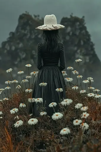 Midjourney generated image using SREF code Veil of Illusions: A woman in a black dress and hat standing in a field of daisies.