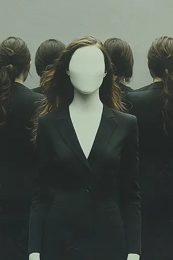 Midjourney generated image using SREF code Eclipse Visions: A mannequin wearing a black suit standing in front of a group of women.