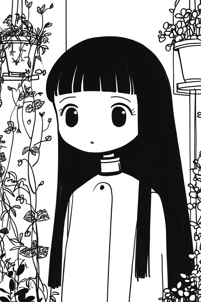 Midjourney generated image using SREF code Skullquill: A black and white illustration of a girl with long black hair.