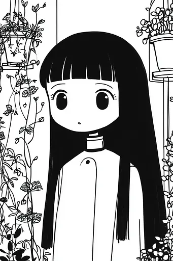 Midjourney generated image using SREF code Skullquill: A black and white illustration of a girl with long black hair.