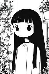 Midjourney generated image using SREF code Skullquill: A black and white illustration of a girl with long black hair.