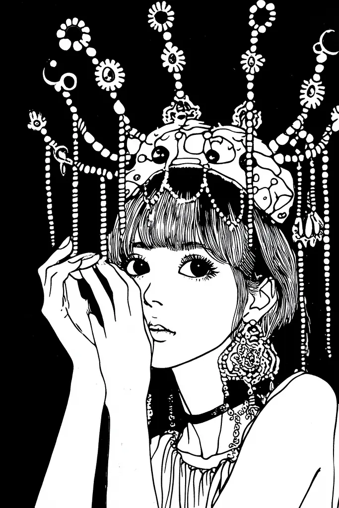 Midjourney generated image using SREF code Skullquill: A black and white drawing of a girl wearing a crown.