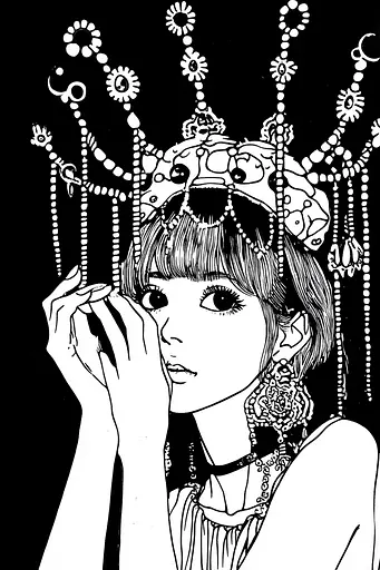 Midjourney generated image using SREF code Skullquill: A black and white drawing of a girl wearing a crown.