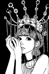 Midjourney generated image using SREF code Skullquill: A black and white drawing of a girl wearing a crown.