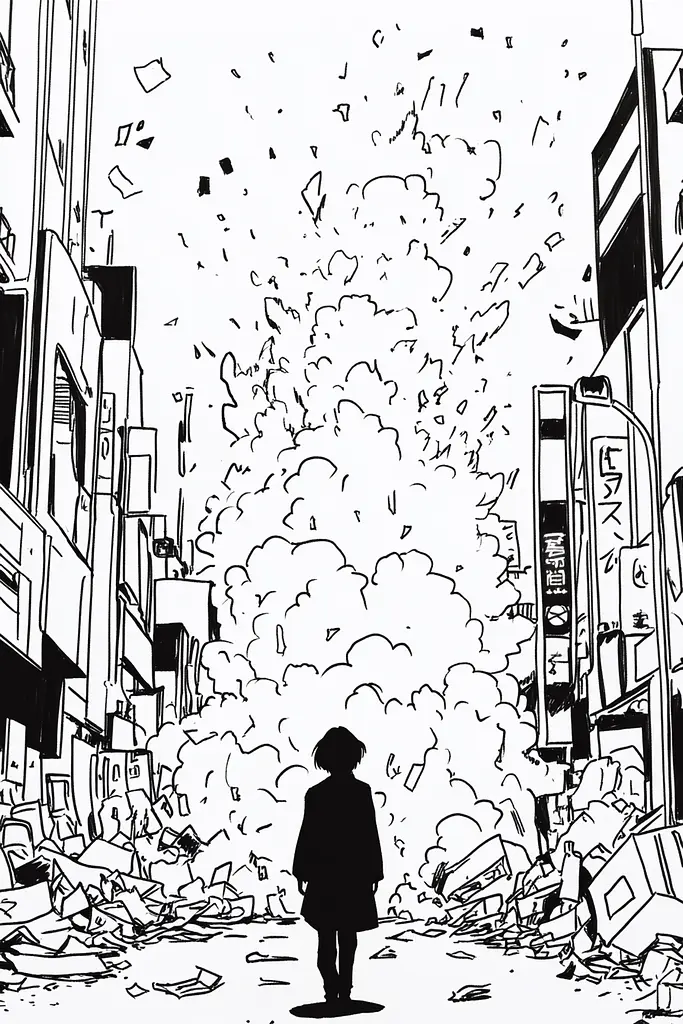 Midjourney generated image using SREF code Skullquill: A person standing in the middle of a city surrounded by rubble.