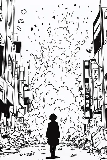 Midjourney generated image using SREF code Skullquill: A person standing in the middle of a city surrounded by rubble.