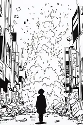 Midjourney generated image using SREF code Skullquill: A person standing in the middle of a city surrounded by rubble.