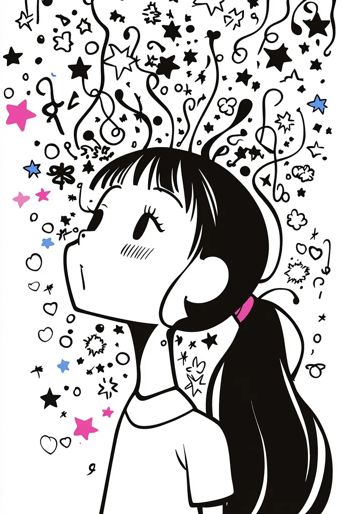 Midjourney generated image using SREF code Skullquill: A drawing of a girl blowing bubbles in the air.