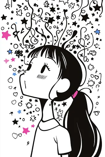 Midjourney generated image using SREF code Skullquill: A drawing of a girl blowing bubbles in the air.