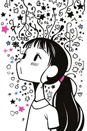 Midjourney generated image using SREF code Skullquill: A drawing of a girl blowing bubbles in the air.