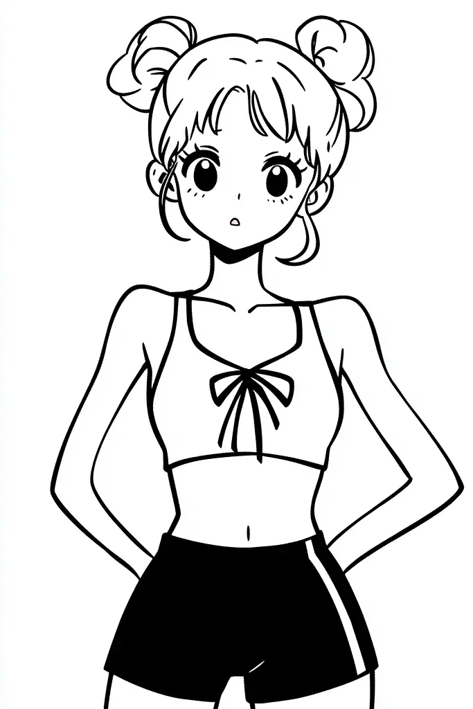 Midjourney generated image using SREF code Skullquill: A drawing of a girl in a bikini top and shorts.