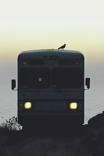 Midjourney generated image using SREF code Eclipse Visions: A bus parked on the side of a road next to the ocean.