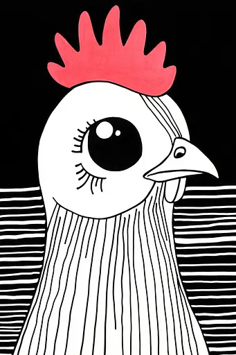 Midjourney generated image using SREF code Skullquill: A drawing of a chicken with a red comb on its head.