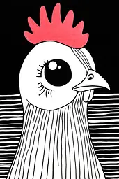 Midjourney generated image using SREF code Skullquill: A drawing of a chicken with a red comb on its head.