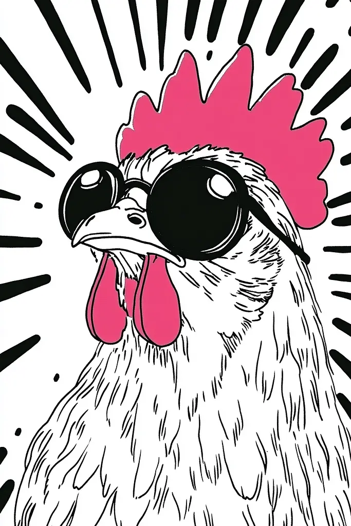 Midjourney generated image using SREF code Skullquill: A drawing of a rooster wearing sunglasses.