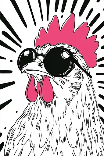 Midjourney generated image using SREF code Skullquill: A drawing of a rooster wearing sunglasses.