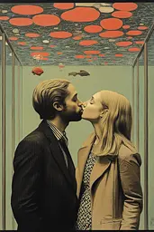 Midjourney generated image using SREF code Revered Flare: A man and a woman kissing in front of a fish tank.