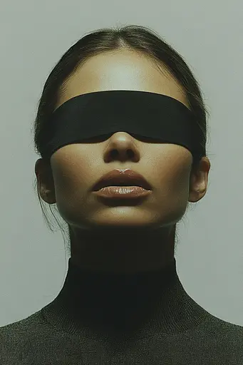 Midjourney generated image using SREF code Eclipse Visions: A woman with a black blindfold on her face.