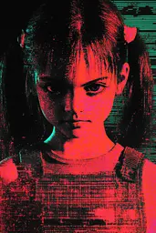 Midjourney generated image using SREF code Glitching Allure: A young girl with pigtails standing in front of a black background.