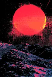 Midjourney generated image using SREF code Glitching Allure: A red sun is setting over a rocky landscape.