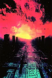 Midjourney generated image using SREF code Glitching Allure: A picture of a city with a sunset in the background.