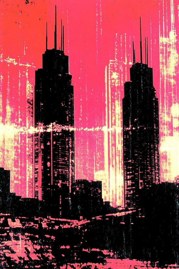 Midjourney generated image using SREF code Glitching Allure: A picture of a city skyline at sunset. 