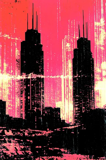 Midjourney generated image using SREF code Glitching Allure: A picture of a city skyline at sunset. 