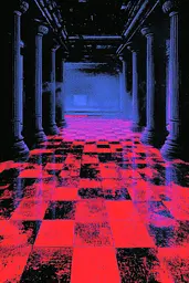 Midjourney generated image using SREF code Glitching Allure: A checkered floor in a dark room with columns.