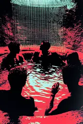 Midjourney generated image using SREF code Glitching Allure: A group of people sitting in a pool of water.