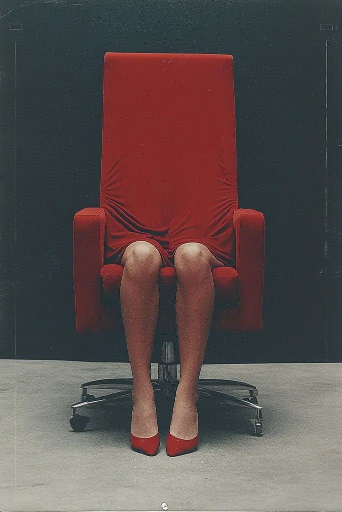 Midjourney generated image using SREF code Eclipse Visions: A woman sitting in a red chair with her legs crossed.