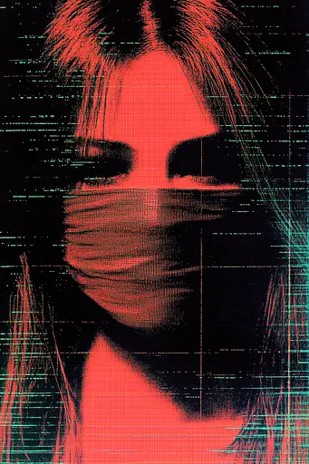 Midjourney generated image using SREF code Glitching Allure: A woman with a blindfold covering her face.