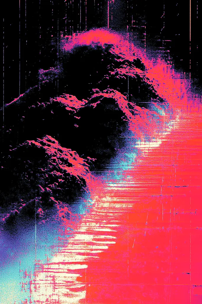 Midjourney generated image using SREF code Glitching Allure: A pink and blue abstract painting on a black background.