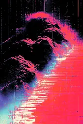 Midjourney generated image using SREF code Glitching Allure: A pink and blue abstract painting on a black background.