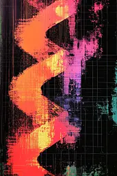 Midjourney generated image using SREF code Glitching Allure: A colorful abstract painting on a black background.