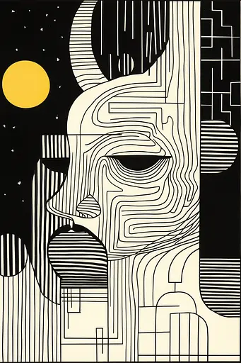 Midjourney generated image using SREF code Prismatic Pulse: A black and white drawing of a man's face with a yellow sun in the background.