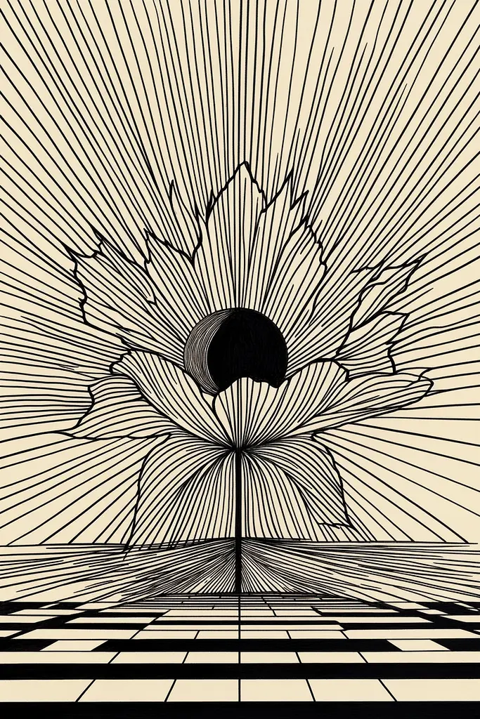 Midjourney generated image using SREF code Prismatic Pulse: A black and white drawing of a flower on a checkered floor.