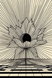 Midjourney generated image using SREF code Prismatic Pulse: A black and white drawing of a flower on a checkered floor.